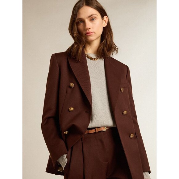 Golden Goose Double Breasted Blazer in Coffee-Colored Wool Gabardine Chicory - Picture 2 of 5